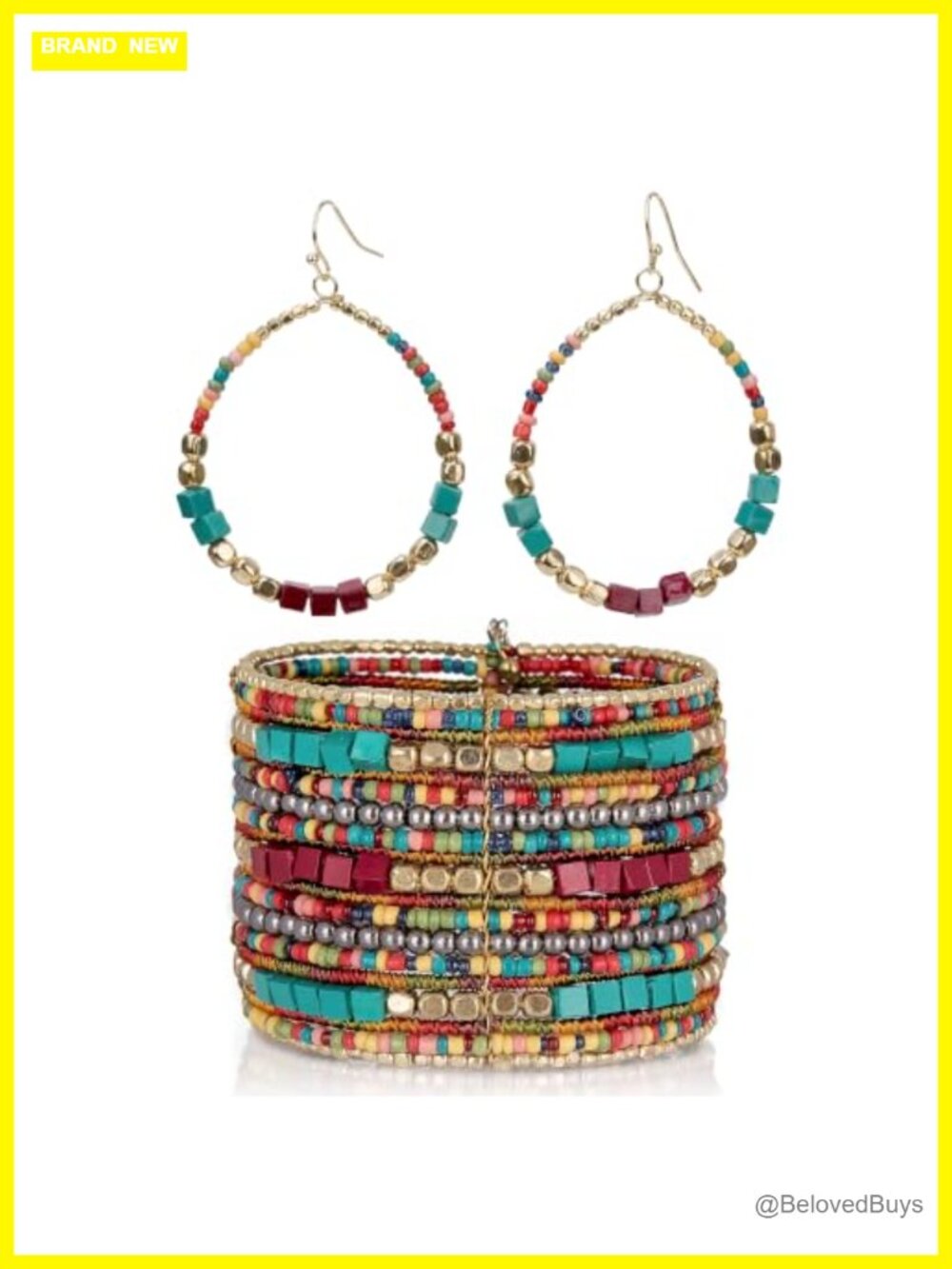Handcrafted Beaded Hoop Earring & Adjustable Cuff Bracelet Jewelry Set